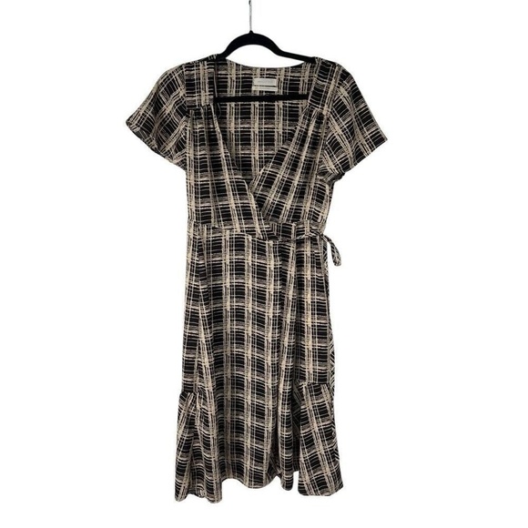 Urban Outfitters Dress Daphne Black Tan Check Midi Wrap High Low Womens - Picture 3 of 9